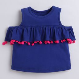 Aww Hunnie 100% Cotton Jersey Cold Shoulder Pom Pom & Frill Detailed Top - Blue-image-95