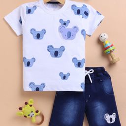 TOONYPORT Cotton Half Sleeves Koala Printed Tee With Mild Washed Shorts Set - White-image-37