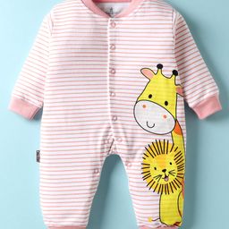 Child World Interlock Knit Full Sleeves Striped Romper With Animal Print - Pink-picture-7