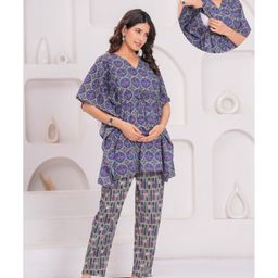CeleBravo Cotton Woven Half Batwing Sleeves Floral Printed Maternity Ethnic Kaftan Style Kurta With Nursing Access & Pant Set - Purple-image-63