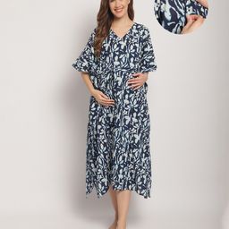 Secret Wish Rayon Woven Half Batwing Sleeves Leaves Printed Maternity Kaftan Nighty With Side Zipper Nursing Access - Blue-image-48