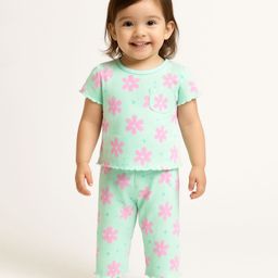 JusCubs Cotton Knit Half Sleeves Flower Printed Coordinating Night Suit Set - Green-image-65