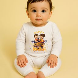 The Peppy Tend 100% Cotton Knit Raksha Bandhan Theme Full Sleeves Happy Raksha Bandhan Text Printed Romper - White-image-77