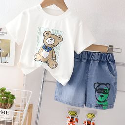 Googo Gaaga Cotton Woven Half Sleeves Teddy Bear Printed Tee & Shorts Set - White-picture-45