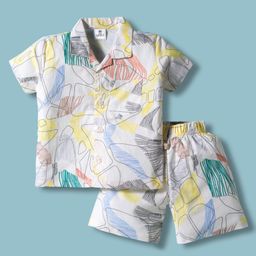 Mini Taurus Cotton Woven Half Sleeves Co-ords Shorts Night Suit With Abstract Print - Cream-picture-7