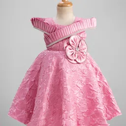 Enfance Cold Shoulder Sleeves Textured & Floral Applique Detailed Knee Length Dress - Pink-picture-30