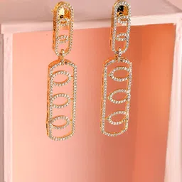 Voylla Sparkling Elegance Gold-Plated American Diamond Studded Drop Earrings-7