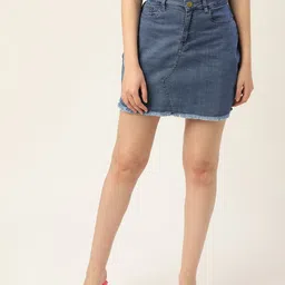 DressBerry Blue Straight Mini High Rise Skirt with Raw Edges-image-1