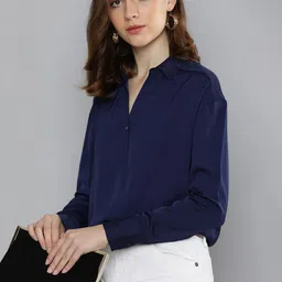 Chemistry Navy Blue Solid Shirt Style Top-picture-21