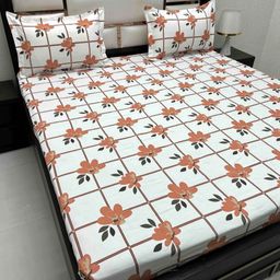 Pure Decor Orange & White Floral 330 TC Queen Bedsheet with 2 Pillow Covers-image-76