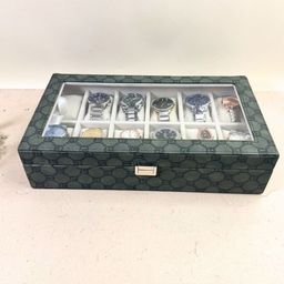 La Trove Green Printed Leather 12 Slots Watch Organizer Box With Glass Top-4