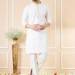 See Designs Mandarin Collar Long Sleeves Regular Thread Work Pure Cotton Kurta With Pyjama-48