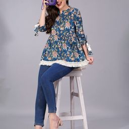Royal Marque Floral Print Mandarin Collar Bell Sleeve Cotton Peplum Top-image-34