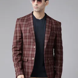 Blackberrys Men Maroon & Mustard Cotton Checked Single-Breasted Slim Fit Notched Blazer-image-22