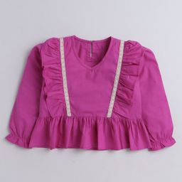 Aww Hunnie 100% Cotton Full Sleeves Solid Ruffle Lace Top - Purple-picture-22