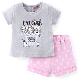 Babyhug Cotton Knit Half Sleeves Night Suit with Kitty Print - Grey Melange & Pink-image-95