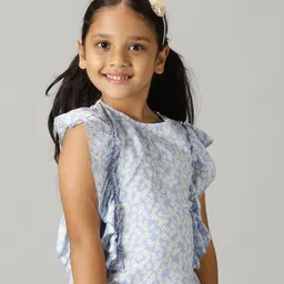 Kiddopanti Cap Flutter Sleeves Floral Daisy Printed Ruffled Top - Blue-picture-37