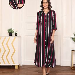 MomToBe Full Sleeves  Balanced Striped Maternity Dress With Concealed Zipper Nursing Access - Maroon & Black-image-98