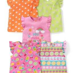 Babyhug Cotton Knit Frill Sleeves Tops with Polka Dot & Fruit Print Pack of 5 - Multicolour-image-27