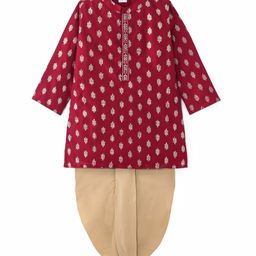 Babyhug Woven Full Sleeves Foil Printed Kurta Dhoti Set - Maroon-image-19