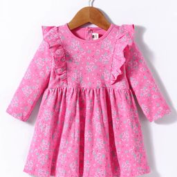ToffyHouse 100% Cotton Knit Full Sleeves Floral Printed Dress with Frill Detailing - Fuchsia-image-26