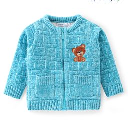 Babyoye Knit Full Sleeves Front Open Sweater with Bear Patch - Sky Blue-picture-16