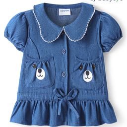 Babyoye Denim Woven Half Puffed Sleeves Peter Pan Collared Top with Bear Print & Frill Detailing - Blue-image-38
