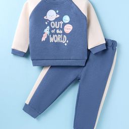 ToffyHouse 100% Cotton Knit Full Raglan Sleeves Winter Wear Sweatshirt & Joggers Set with Text & Space Theme Print - Blue-picture-9
