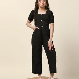 Fashion Dream Half Puffed Sleeves Self Design Solid Jumpsuit - Black-image-46
