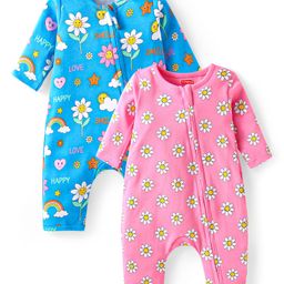 Babyhug Interlock Knit Full Sleeves Rompers With Floral Print Pack of 2 - Pink & Blue-image-78