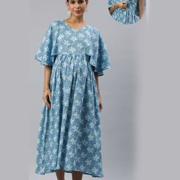 Swishchick Cotton Half Sleeves Floral Printed Maternity Dress With Concealed Zipper Nursing Access - Blue-picture-23