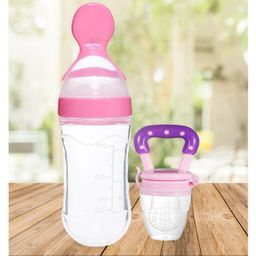 The Cheeky Kidzz Baby Fruit Vegetable Nibbler Soother Star Teether With Soft Silicone Squeeze Spoon Bottle BPA Free (PINK)-13