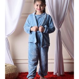 NEUDIS Fleece Knit Full Sleeves Solid Coordinating Night Suit Set - Blue-picture-25