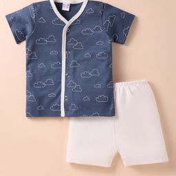 Ben Benny 100% Cotton Knit Half Sleeves Front Open Shorts Nightsuit with Cloud Print - Navy Blue-image-37
