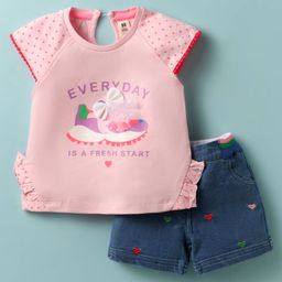 ToffyHouse Knitted Cap Sleeves Top & Short Suit With Text Print & Bow Applique - Navy Blue & Pink-image-34