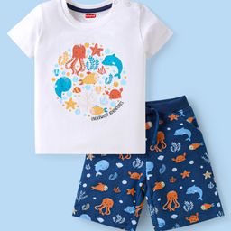 Babyhug Single Jersey Knit Half Sleeves T-Shirt & Shorts Set with Sea Life Print - Navy Blue & White-image-25
