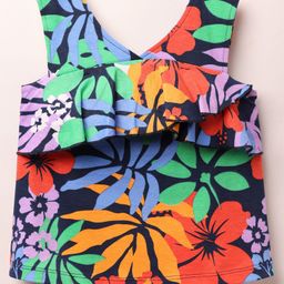 Babyhug Cotton Knit Sleeveless Top With Floral Print & Frill Detailing - Navy Blue-image-81