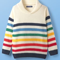 Pine Kids Knit Full Sleeves Pullover Sweater with Multicolor Stripe Design - White-picture-7