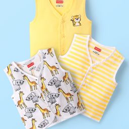 Babyhug 100% Cotton Front Open Sleeveless Jhablas With Stripes & Animal Print Pack Of 3 - Yellow & White-image-99