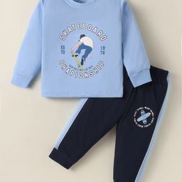 CUCUMBER Sinker Knit Full Sleeves T-Shirt & Lounge Pant Set With Skateboarding Print - Light Blue-image-48
