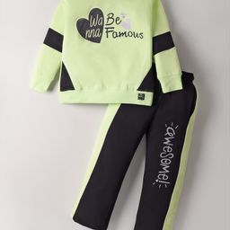 Olio Kids Looper Knit Full Sleeves Text Printed Winter Wear Suit -Light Green & Black-image-49