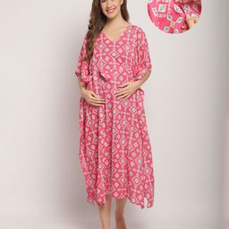 Secret Wish Rayon Woven Half Batwing Sleeves Abstract Printed Maternity Kaftan Nighty With Side Zipper Nursing Access - Pink-image-69