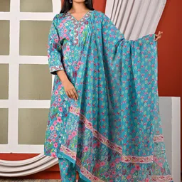 Jasoriya Floral Embroidered Regular Thread Work Pure Cotton Kurta With Trousers & Dupatta-picture-11