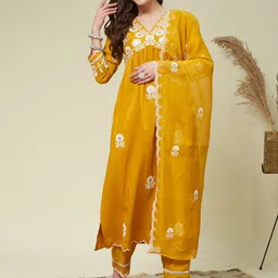 MOKOSH Women Ethnic Motifs Embroidered Regular Thread Work Kurta with Trousers & With Dupatta-image-76