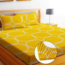 EXFAB Yellow & White Geometric King Bedsheet with 2 Pillow Covers-image-55