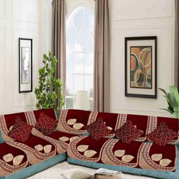 SAWNA HOMES Maroon & Beige 12 Pieces Floral Printed Velvet L Shape 6-Seater Sofa Covers-image-51