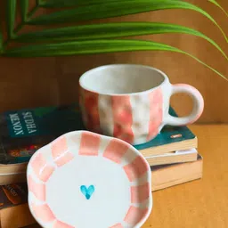 WEAVING HOMES Pink & White 2 Pieces Printed Ceramic Glossy Mug & Dessert Plate-picture-14