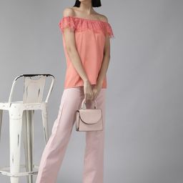 BAESD Geometric Checked Off-Shoulder Flutter Sleeve Georgette Bardot Top image 1