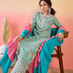 Sangria Floral Printed Notch Neck Pure cotton Kurta With Palazzos And Dupatta-image-92