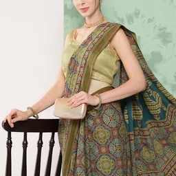 KALINI Women Maroon And Olive Ajarkh Print Cotton Saree with Blouse-picture-12